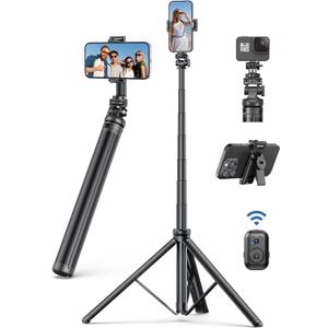 75" Phone Tripod, Selfie Stick with Remote and Phone Holder, Extendable Tripod for iPhone, Aluminum Cellphone TripodStand 360 Rotation Travel Tripods Compatible with iPhone Android, GoPro