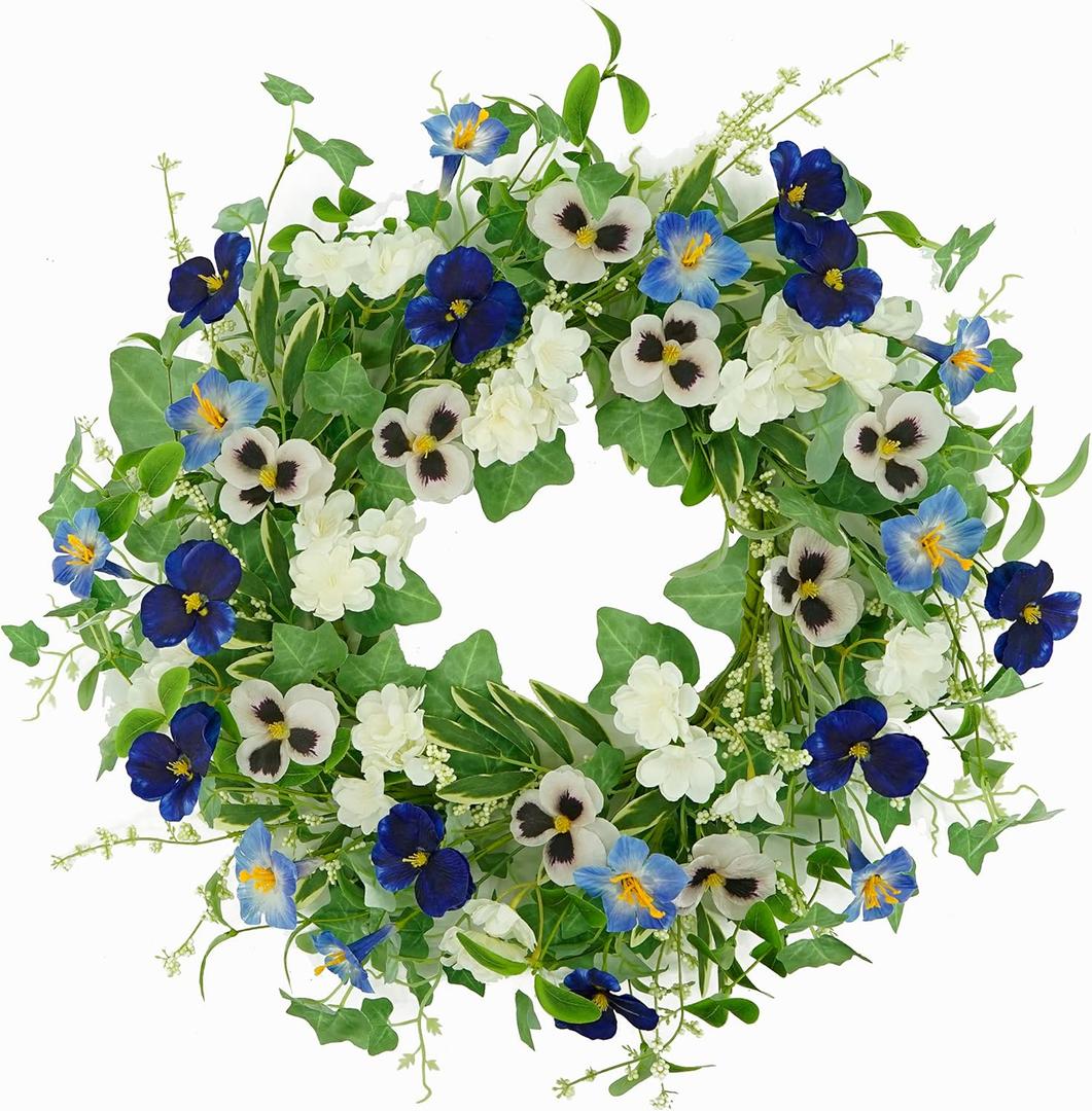 Artificial Spring Summer Wreath with Pansy Flower,Lavender Morning Glory for Front Door Indoor Outdoor Farmhouse Home Wall Window Festival Wedding Decor,