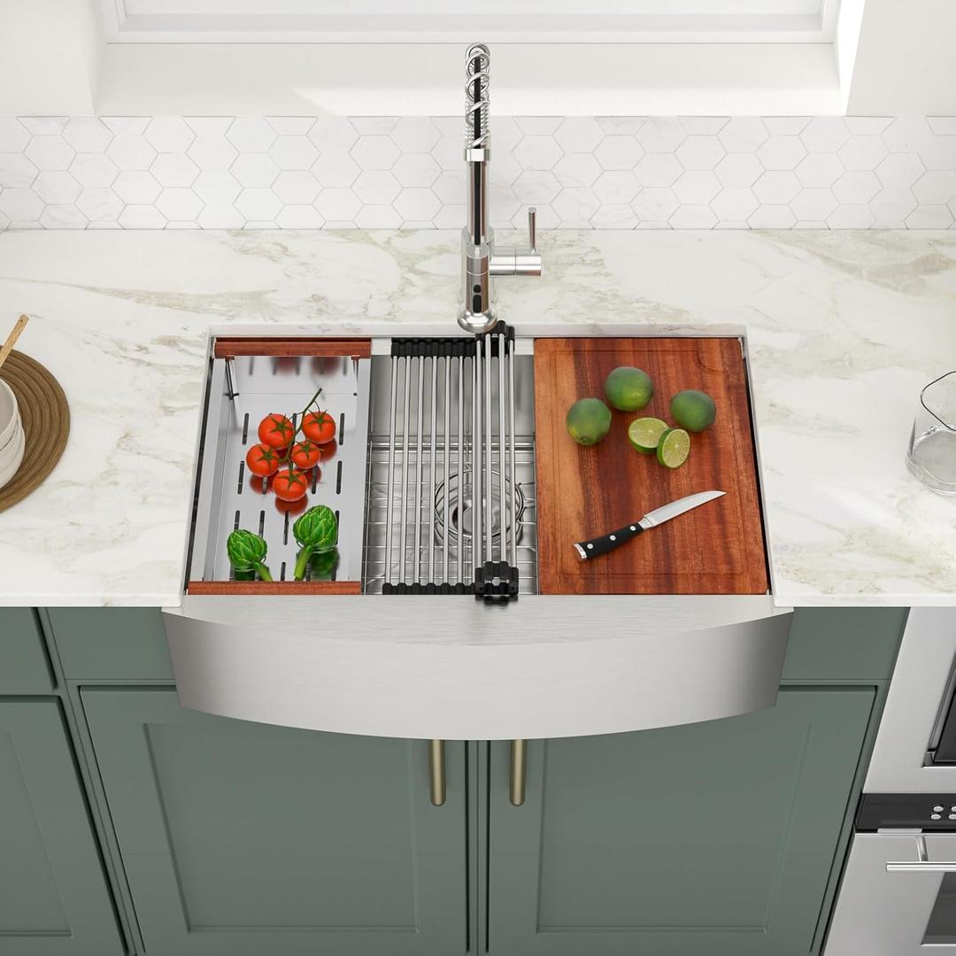 Logmey 30 In Farmhouse Sink, 30x21 Stainless Steel Flat Apron Front Kitchen Sink Workstation, Undermount 16 Gauge Single Bowl Farm Sinks for Kitchen