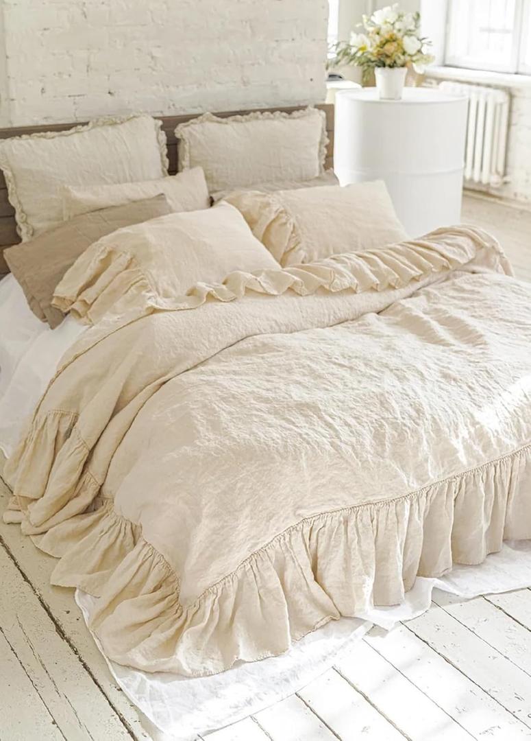 Cotton Linen Ruffle Duvet Cover Bohemian Bedding 1 Pcs with Ruffles Softened Comforter Cover 60x120Inch