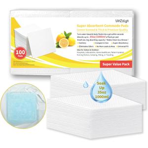 Lemon Scented Absorbent Pads for Commode, 100 Pcs, Light Scent Commode Pads for Bedside Commode Liners, Medical Grade, Disposable, Simple for Camping, Seniors and Disabled