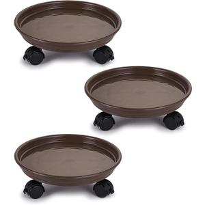 Fasmov 3 Pcs Plant Pallet Caddy Plant Stand Round Flower Pot Mover, Plant Pot Pallet Dolly Caster with Universal Wheels (Brown)