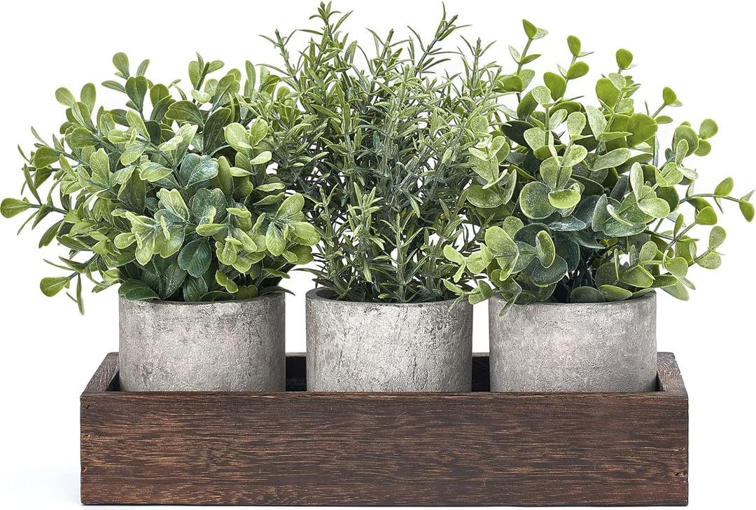 Dahey 3 Pack Mini Potted Artificial Eucalyptus Fake Plants with Wood Tray Centerpiece Table Decorations, Farmhouse Pulp Flower Pots Greenery Home Decor for Coffee Table Dining Room Office Kitchen