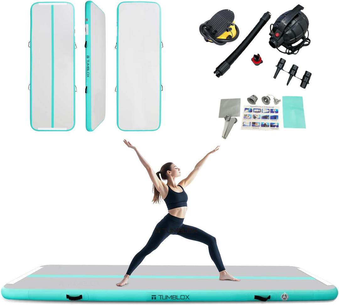 Air Gymnastics Mat Inflatable & Tumbling Mat  4/8 Inches Thick with Electric Pump + Free Foot Pump  Ideal for Home, Gym, Water, and Beach Use (10ft*3.3ft*4in(3*1*0.1m), Light Green)