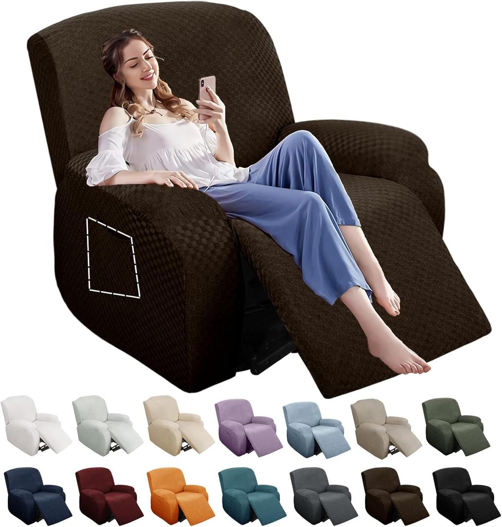 YEMYHOM 4 Pieces Stretch Recliner Slipcover Latest Jacquard Recliner Chair Cover with Side Pocket Anti-Slip Fitted Recliner Cover Couch Furniture Protector with Elastic Bottom (Recliner, Dark Coffee) (1 Seater)
