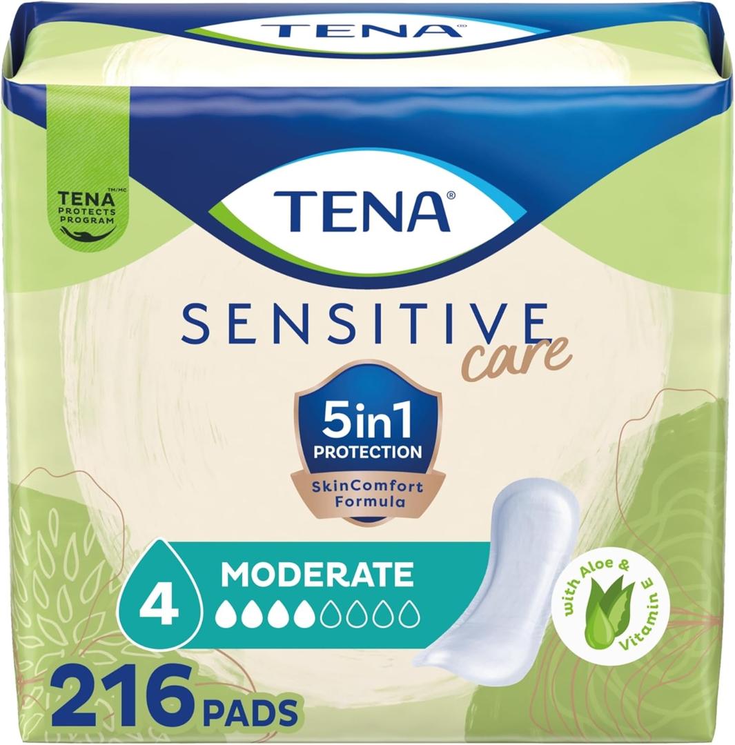TENA Sensitive Care Incontinence Pads, Bladder Control & Postpartum for Women, Moderate Absorbency, Long, 216 Count (Regular)
