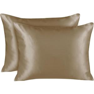 Satin Pillowcase with Zipper, for Hair and Skin Care, Feels Soft and Cool Like a Silk Pillowcase, Beige Satin Pillow Cases 2 Pack, Slik Pillow Cover, Queen Size, Set of 2
