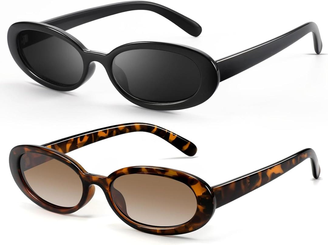 DANAMY Sunglasses Womens Retro Oval Sunglasses for Women Men Fashion Small Oval Sun Glasses 90s Vintage Driving Shades (A-black+leopard Frame-gradient Brown)