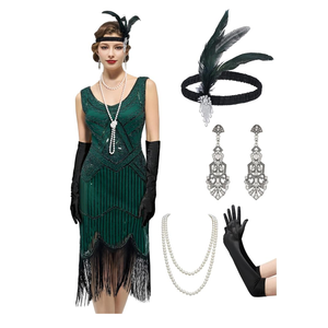YESSA Flapper Dresses 1920s Gatsby Dress for Women Roaring 20s Costumes Fringed Sequin Cocktail Dress with 20s Accessories, Size XL