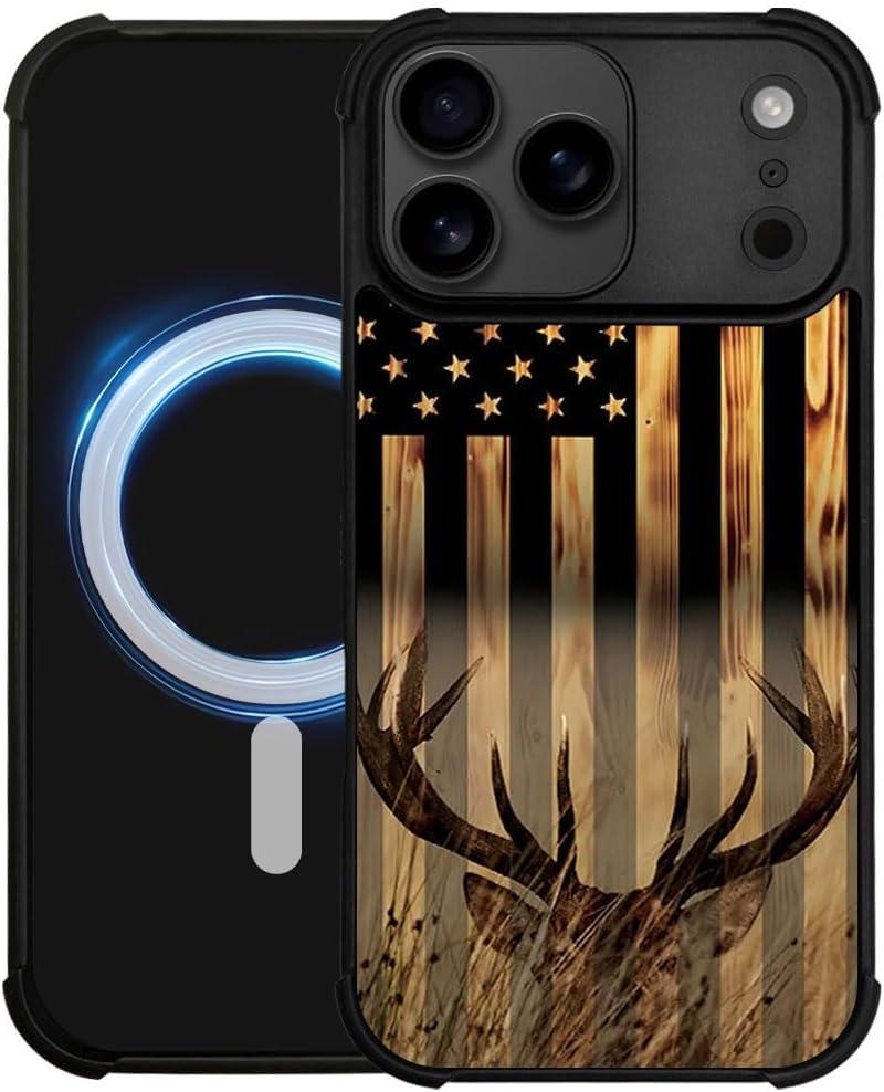 DJSOK Case for iPhone 17 Pro,Compatible with MagSafe,Anti-Scratch Shockproof Case,Wood Grain American Flag Buck Hunter Deer