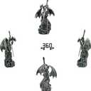 Dragon Statue with Medieval Sword-Collection Figurine Fantasy Decor - Silvery Dragon Standing Gothic Castle for Tabletop Bookshelf