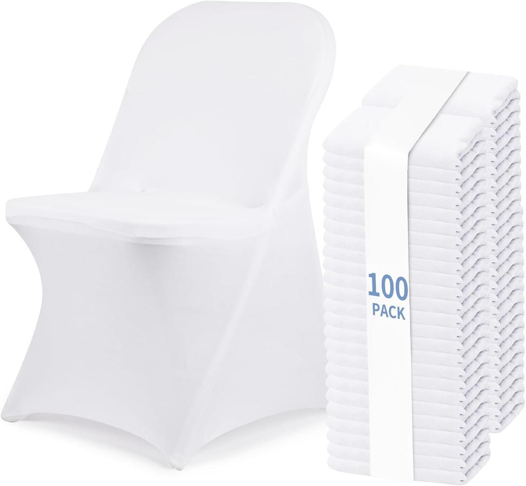 Fixwal 100 Pcs White Folding Chair Cover, Spandex Stretch Covers Ideal for Wedding, Party, Dining, Business Meeting, Banquet, Universal Fitted Washable Slipcover.