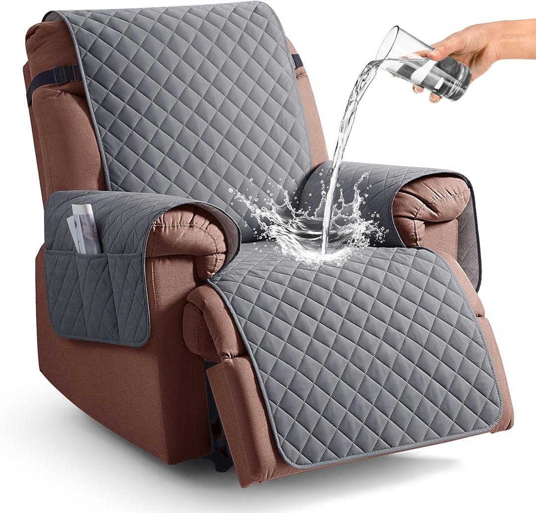 KinCam 100% Waterproof Recliner Chair Cover, Reclining Couch Covers for Pets, Dogs, Recliner Couch Slipcover Furniture Protector with Elastic Straps for Kids(30", Dark Gray)