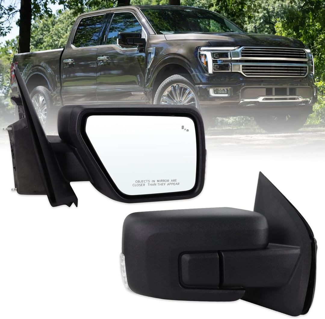 Right Passenger Side Mirror Fits 2021-2025 Ford F150 With Manual Folding Power Glass Heated Blind Spot Turn Signal Puddle Light Temperature Sensors Matte Black Replace#ML3Z17682SA(13Pins)