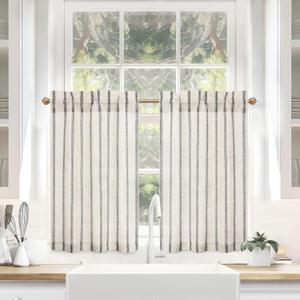 DriftAway Kitchen Tier Curtains - Striped Linen Short Pinstripe Cafe Curtains 36 Inch Length for Living Room Bathroom Chris Farmhouse Rustic Rod Pocket, Farmhouse Black