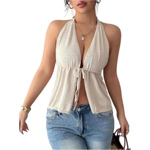 SOLY HUX Women's Deep V Neck Tie Front Halter Crop Top Backless Textured Peplum Tank Shirts Date Outfits (Beige, S)