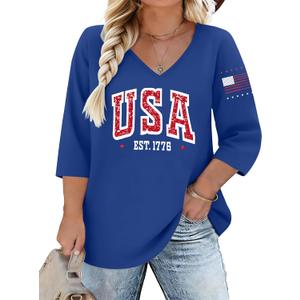 Plus Size 4th of July Shirts Women 250th Anniversary USA Shirt 1776 American Flag Patriotic Tee V Neck 3/4 Sleeve Tops (5XL, Blue)