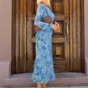 ZESICA Women's Long Sleeve Floral Bodycon Dress 2026 Spring Fall Ruched Mesh Wedding Guest Cocktail Party Maxi Dresses, Light Blue, S