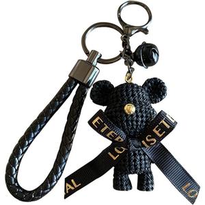 HSYHERE Men Women Valentine Lover Gift Lovely Elegant Bowknot Wool Feeling Bear Car Bag Pendant Strap Keychain Key Ring (Black)