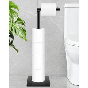 Free Standing Toilet Paper Holder, Bathroom Toilet Paper Stand with Shelf Hold 4 Paper Rolls, Modern Square Base Tissue Roll Storage Holder, Black, Naturous