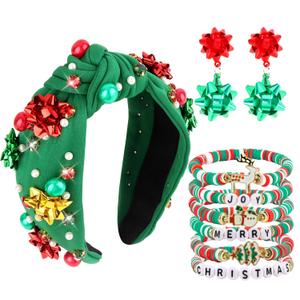 Semato 9 Pcs Christmas Accessories with Green Star Christmas Headbands & Earrings and Bracelets for Women New Year Xmas Gifts
