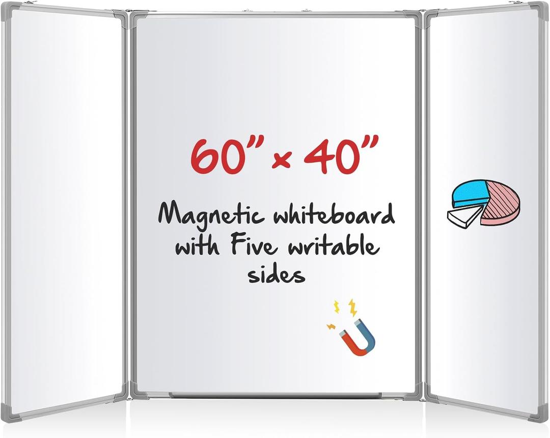 60 x 40 Foldable Whiteboard Dry Erase Board Large Tri Folding Whiteboard Magnetic Dry Erase Board, Wall Aluminum Frame and Flip Out Pen Tray for Office, Home