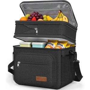 HOTOR Lunch Box for Men & Women - Double-Layer Insulated Lunch Bag with Leakproof Liner, Portable Cooler for Work, Travel, or Picnic, Black, 12L, 11.1" x 9.7" x 6.7"