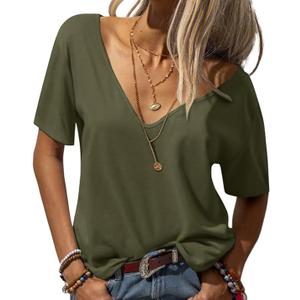 EACHYES Womens T Shirts V-Neck Half Sleeve Loose Fit Shirts Casual Solid Basic Tops Xl, Army Green