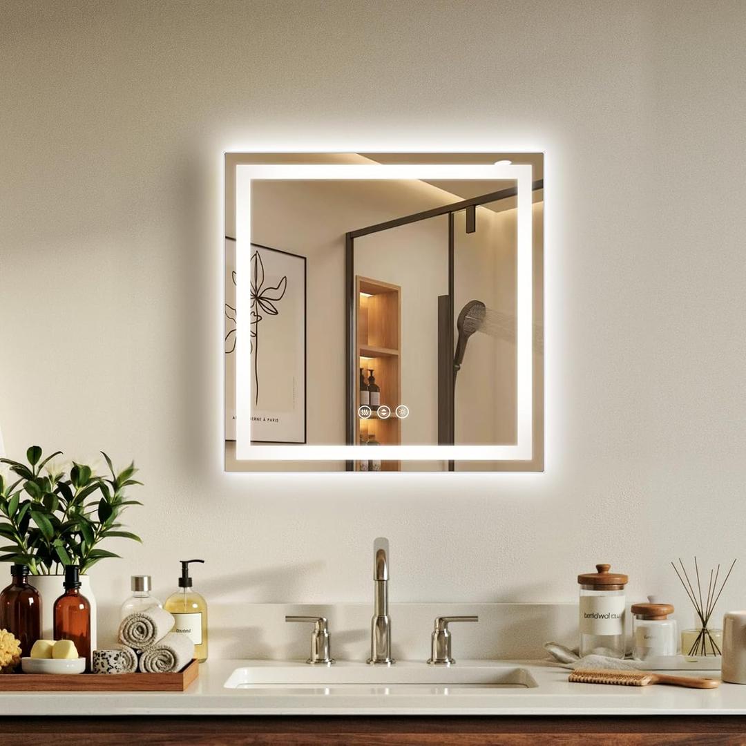 24X24 LED Bathroom Mirror with Lights, Anti-Fog, Backlit + Front Lit (CRI>90), Lighted Bathroom Vanity Mirror for Wall, Memory Function, Dimmable, Tempered Glass, Shatter-Proof