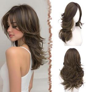 FESHFEN Brown with Highlights Wavy Layered Wig with Curtain Bangs for Women, 20 Inch Long Synthetic Natural Looking Middle Part Hair Wig For Costume Party Daily Use
