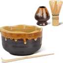 Pottery Matcha Set - Japanese Handcrafted Matcha Tea Bowl Mineral Glaze Bowl with Spout, Bamboo Whisk, Scoop & Chasen Holder | 4pc Tea Ceremony Kit for Matcha Lovers (Coffee Sand)