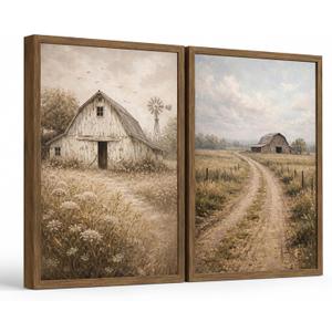Farmhouse Wall Art Set of 2, Vintage Rustic Barn Landscape Canvas Prints, 16x24 Inches