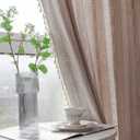 Linen Curtains 84 Inches Long - Embroidery Striped Farmhouse for Living Room, Tassel Boho for Bedroom, Light Filtering 2 Panels Set Rod Pocket Drapes (52" W x 84" L, Khaki)