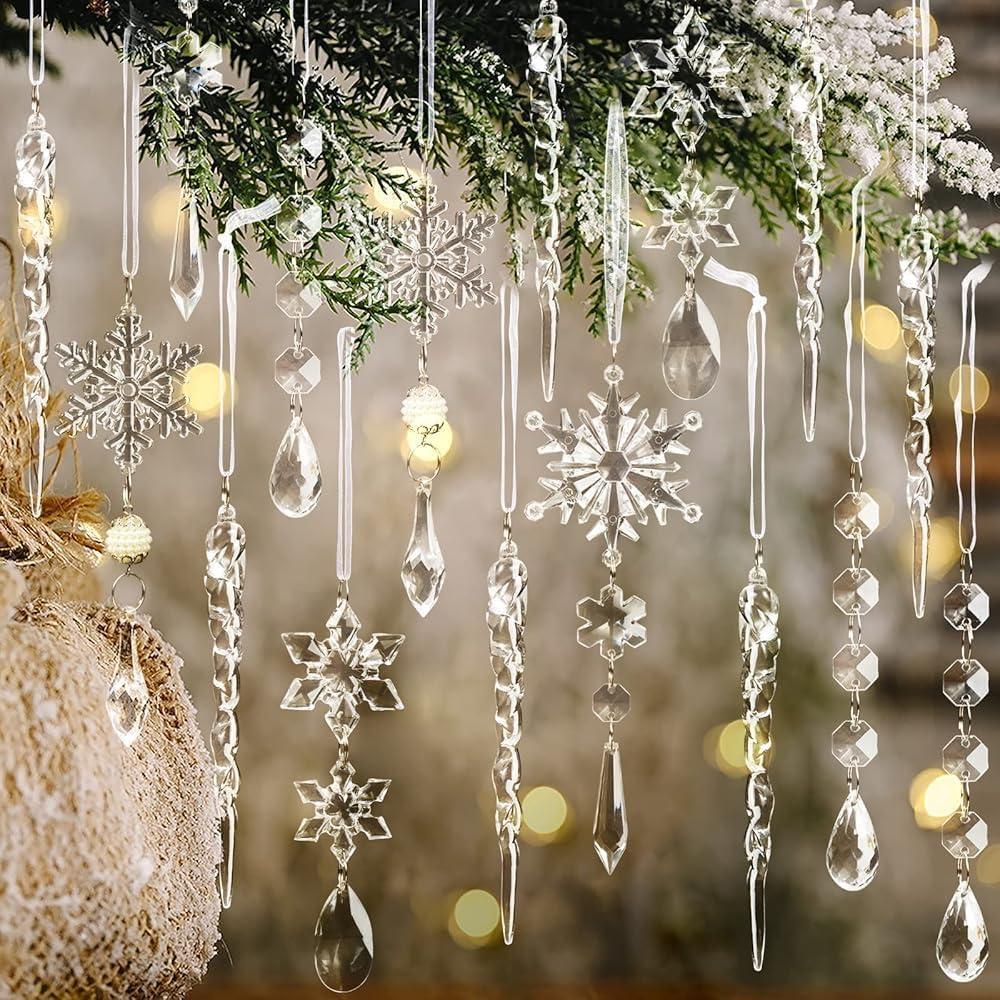 Christmas Tree Decoration Crystal Ornaments - 32 Pcs Acrylic Christmas Ornaments Snowflake Icicle Drop Crystal Hanging Ornaments for Xmas Tree Winter Holiday Frozen Party Decorations (Clear)