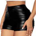 Milumia Women's Ruched Faux Leather Mini Shorts High Waist Sexy Going Out Rave Shorts (Large, Black)