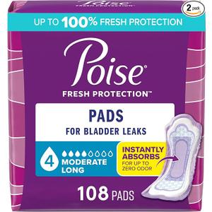 Poise Incontinence Pads for Women, 4 Drop, Long, 108 ct