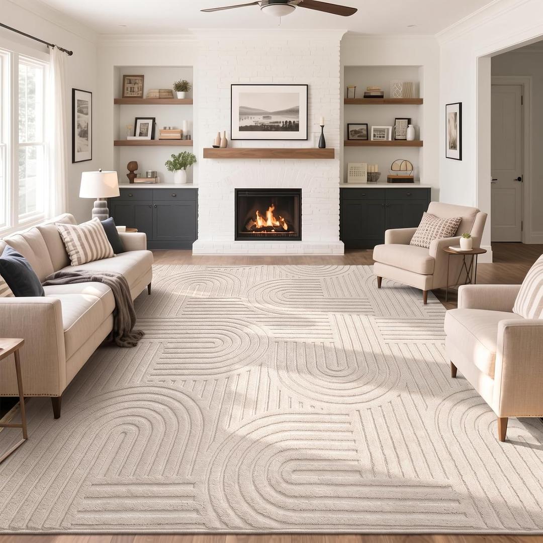 SHACOS Soft Cozy Fluffy Arch Pattern High Low Pile Area Rugs 9'x12' Large Non Slip Washable Modern Geometric Rug Scandinavian Minimalist Carpet for Living Room Bedroom Dining Room, Beige