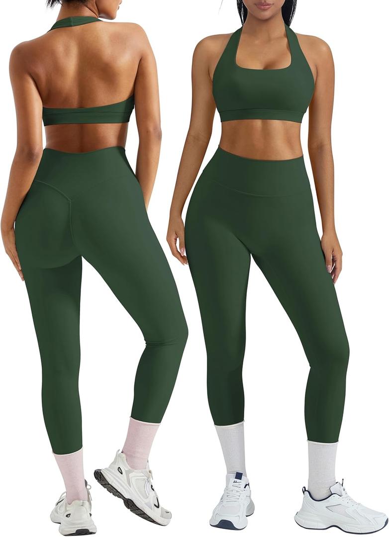 OMKAGI 2 Piece Workout Sets for Women Halter Sports Bras Gym Sets Booty Leggings Outfits (X-Small, Emerald Black)