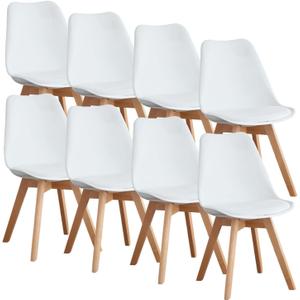 OLIXIS Dining Chairs Set of 8 Kitchen Mid Century Modern Chairs with Wood Legs and PU Leather Cushion for Living Room Bedroom Outdoor Lounge, White