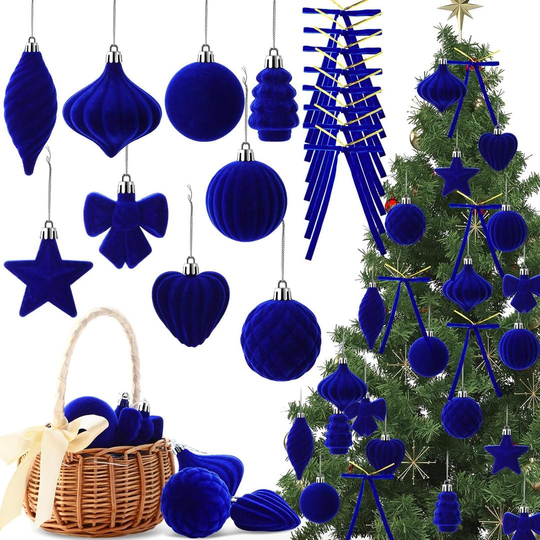 Jenaai 96 Pcs Velvet Christmas Ball Ornaments with Wreath Bow Assorted Flocked Shatterproof Christmas Balls Velvet Bows Hanging Xmas Tree Decorations Ornaments for Party Holiday(Blue)