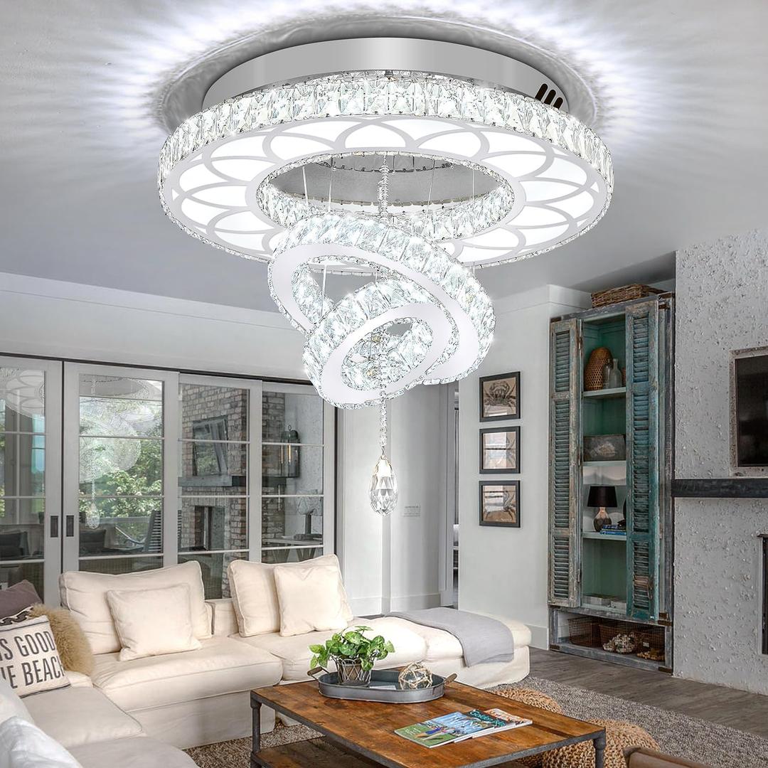 Flashing God Dia 24" Crystal Chandelier Crystal Silver Ceiling Light Fixtures LED Flush Mount Ceiling Light for Living Room Bedrooms Dining Room Dimmable 2700k 4500k 6000k