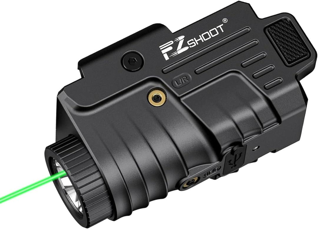 EZshoot 800 Lumens Pistol Light Laser Combo Rechargeable, Pistol Flashlight with Slidable Rail Compatible with Glock and Picatinny Rail, Gun Light with Green Laser Beam (Black)