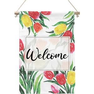 Floral Seasonal Spring Summer Welcome Canvas Hanging Wall Flag,Banner Sign Decor For Outdoor Farmhouse Bedroom Yard 12x18 Inches.(006)