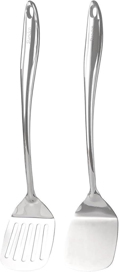 18/10 Stainless Steel Spatulas Set - 15 Long Spatulas for Kitchen, Metal Cooking Utensils - 1 Slotted Spatula + 1 Solid Turner (style C - mirror polished)