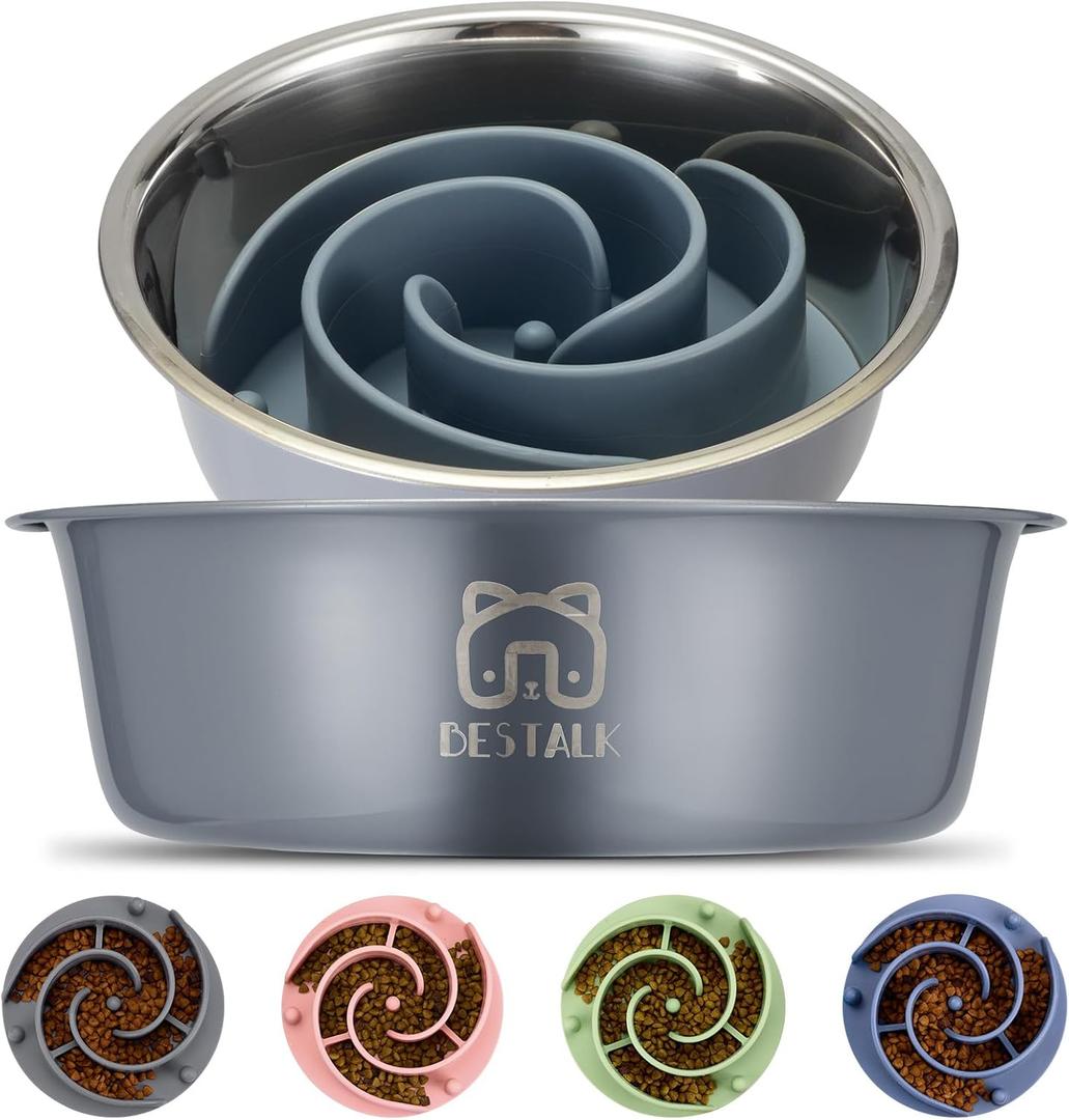 Stainless Steel Slow Feeder Dog Bowl, Bestalk 2-in-1 Metal Dog Bowls with Silicone Slow Feeder Insert for Small, Medium, Large Dogs(Grey, 2 Cups)