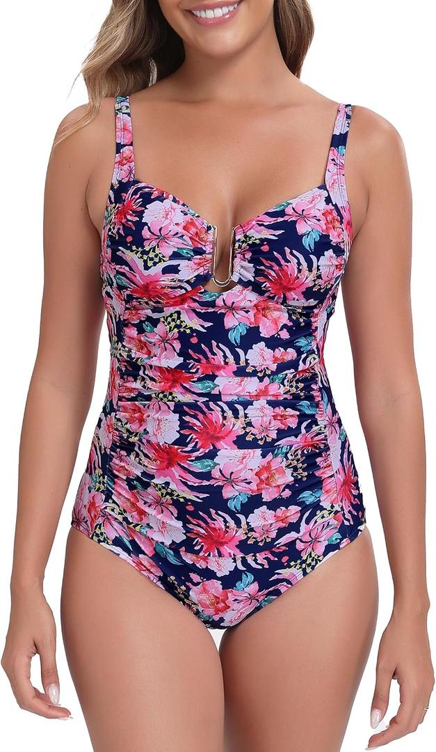 Itzel Women's Ruched Twist Front One Piece Swimsuit Tummy Control Push Up Vintage Retro Bathing Suits (Pink)