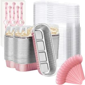 Mini Loaf Baking Pans with Lids And Spoons (100 Pack, 6.8oz) Rectangle Aluminum Foil Baking Pans Tins Containers - Cupcake Containers Wrappers Cheesecake Creme Brulee Ramekins (Pink)
