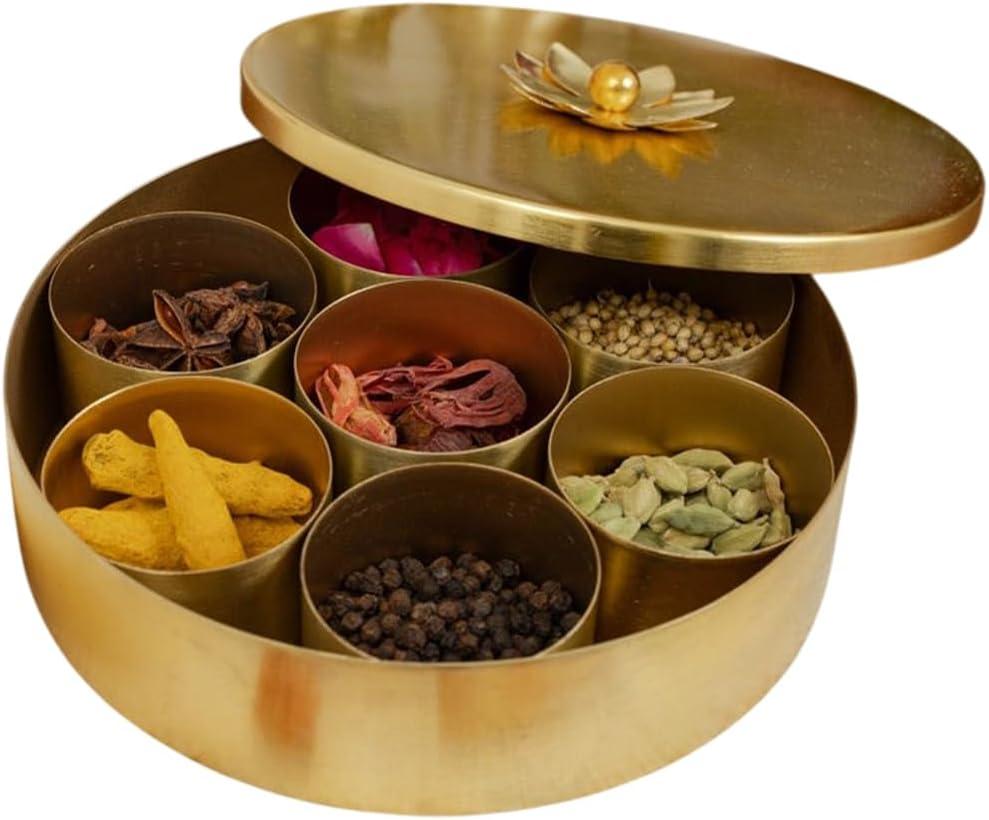 Marble Lotus Handcrafted Brass Masala Dabba – 7 Compartment Indian Spice Box Set for Kitchen with Lid & Spoon | Traditional Kitchen Storage Organizer for Spices, Herbs & Seasonings, Medium