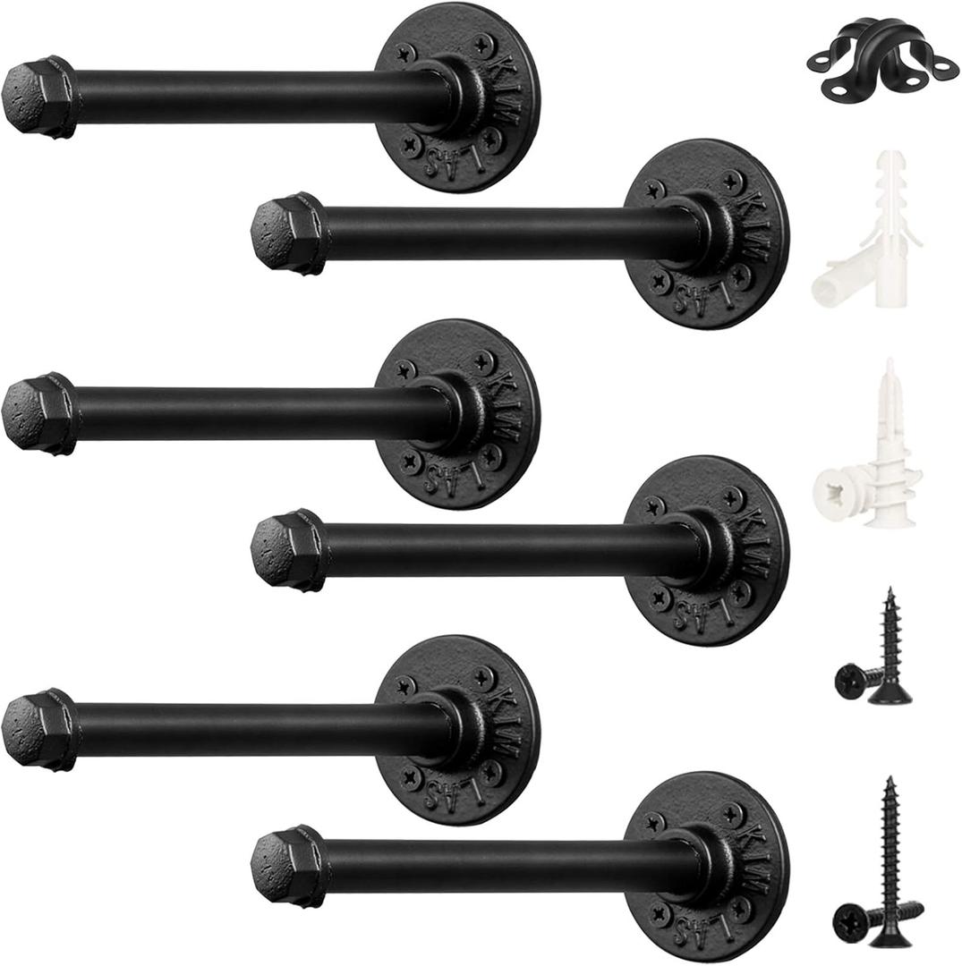 8-Inch Pipe Shelf Brackets for DIY Floating Shelves, Industrial Iron Pipe Bracket, Heavy Duty Metal Shelving Brackets, 6 Pack, Black