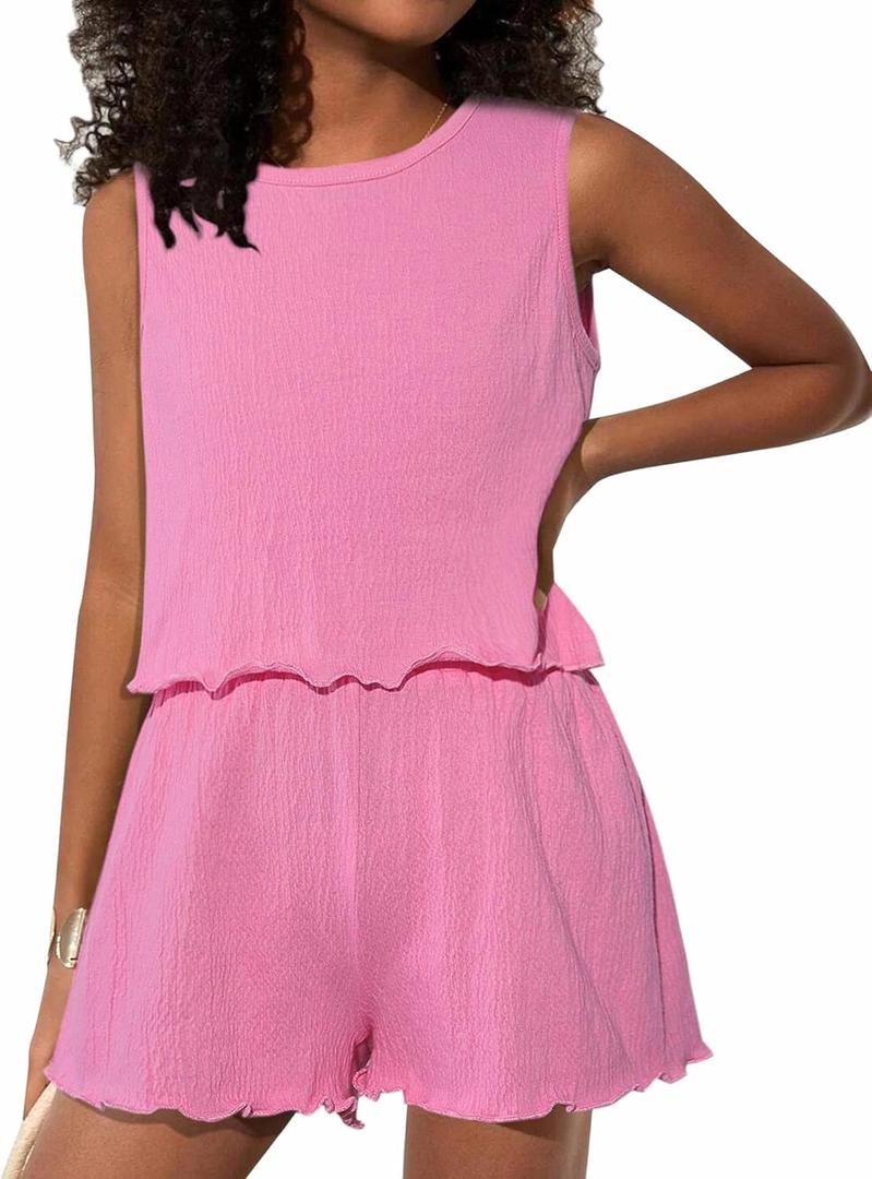 Girls' Summer 2 Piece Outfits Wide Leg Shorts Sets and Sleeveless Tank Tops Hot Pink 11-12Y (Pink)